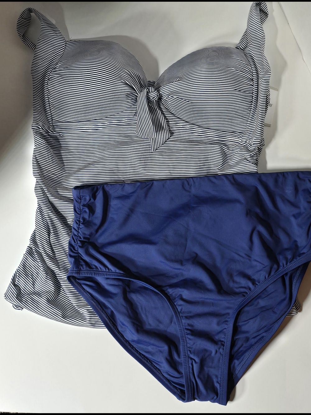Striped Navy & White Tankini Top with Solid Navy High-Waist Bottoms